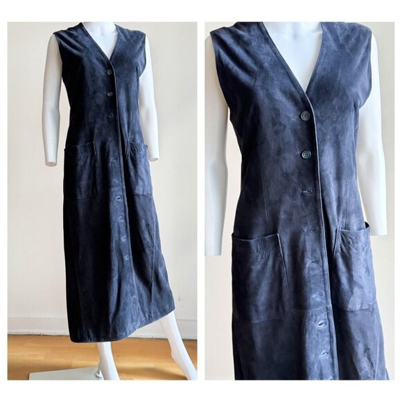 Vintage Jaeger Suede Navy Blue Button Down Midi Dres 6 - Picture 1 of 7